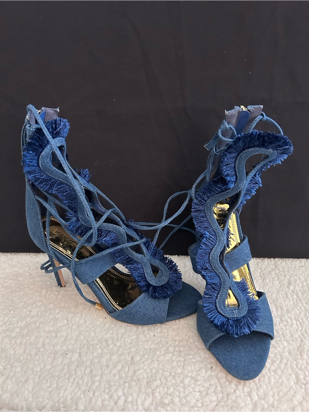 Fringe Lace-Up Denim High Heel Sandals - Blue